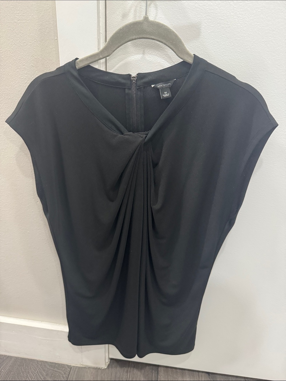 Ann Taylor Black Draped Cap Sleeve Top